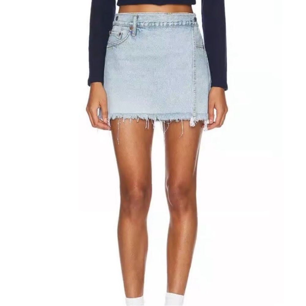 REDONE x Pam Anderson Mid Rise Wrap Denim Mini Skirt Maliblue Blue Size 26